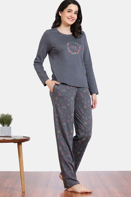 Zivame Shades of Joy Knit Cotton Pyjama Set - Iron Gate — image 3